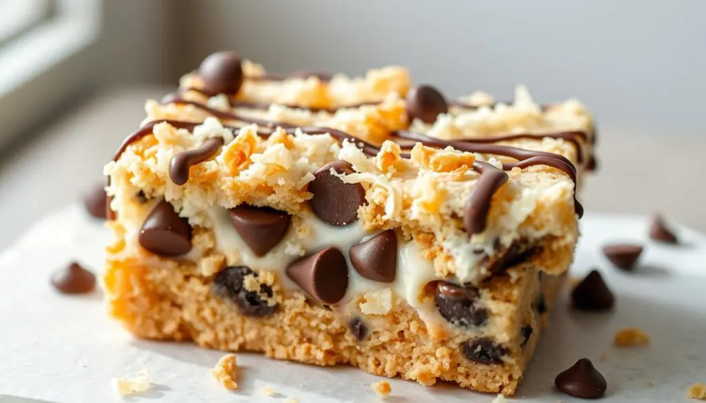 A delectable vegan magic cookie bar, adorned with a golden-brown toasted coconut crust, drizzled with silky dark chocolate, and layered with a buttery, crumbly graham cracker base. The rich, creamy center is a tantalizing blend of creamy coconut milk, decadent chocolate chips, and aromatic vanilla. Soft natural lighting casts a warm, inviting glow, highlighting the intricate textures and mouthwatering details of this irresistible dessert. The camera captures the scene from a slightly elevated angle, emphasizing the layers and overall composition, inviting the viewer to indulge in this heavenly vegan delight.