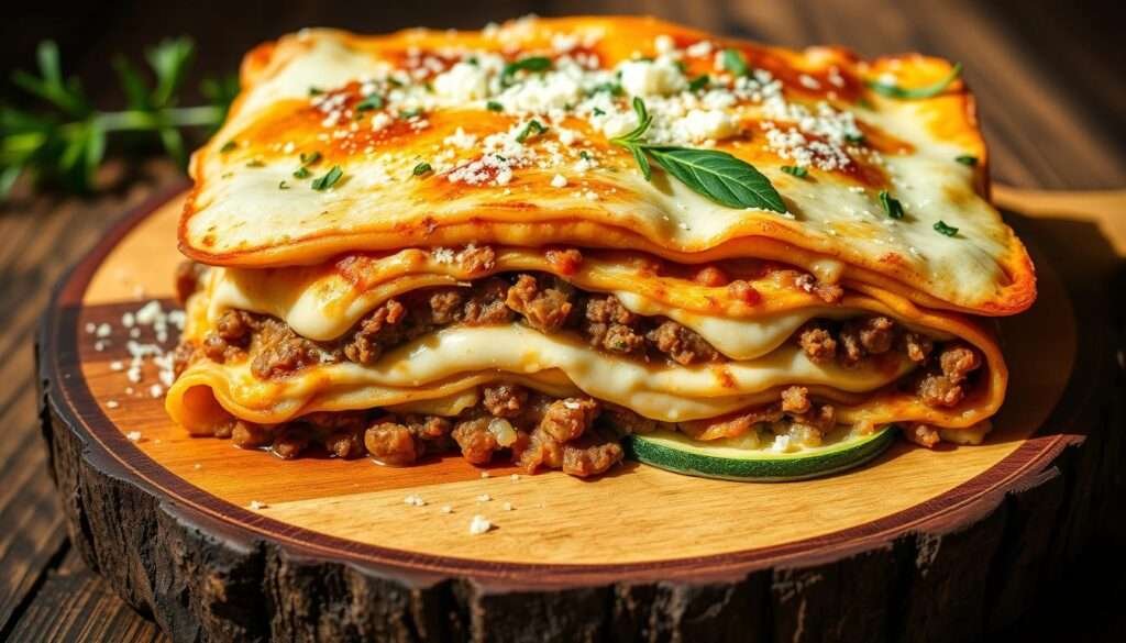 A delicious keto-friendly lasagna dish, with luscious layers of ground beef, ricotta, and a creamy béchamel sauce, nestled between sheets of tender zucchini "noodles" instead of traditional pasta. The lasagna is presented on a rustic wooden board, with fresh herbs and grated Parmesan cheese sprinkled over the top, illuminated by soft, natural lighting that casts warm shadows and highlights the rich, golden-brown edges. The overall composition evokes a cozy, homemade atmosphere, perfect for a hearty keto-friendly dinner.