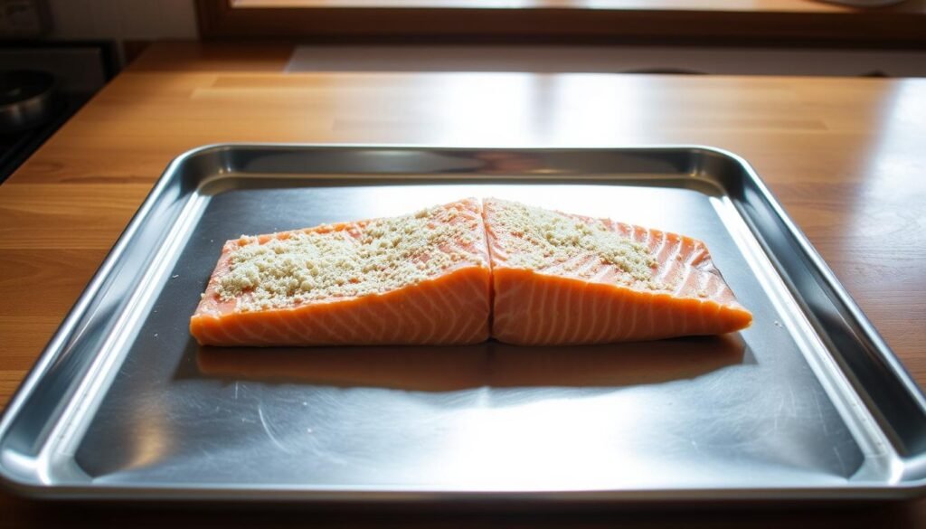 A gleaming stainless steel baking sheet, its surface smooth and unblemished, sits atop a warm, wooden kitchen counter. Soft, natural light filters in through a nearby window, casting a gentle glow across the sheet's surface. The sheet is empty, awaiting the chef's ingredients and the promise of delicious baked creations. The scene conveys a sense of anticipation and culinary potential, ready to support the preparation of the featured horseradish-crusted salmon dish.