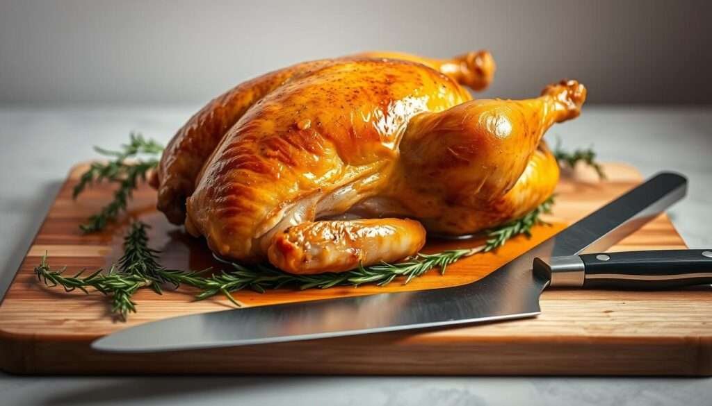 A golden-brown roasted chicken on a wooden cutting board, fresh sprigs of rosemary and thyme surrounding it. The chicken is glistening with a crispy skin, the juices pooling around its base. Soft, warm light illuminates the scene, casting gentle shadows and highlighting the delicate texture of the meat. The board is placed on a clean, neutral surface, allowing the chicken to be the focal point. A chef's knife rests nearby, ready to carve the tender bird. The composition is balanced and inviting, evoking the aroma and taste of a perfectly cooked chicken dish.