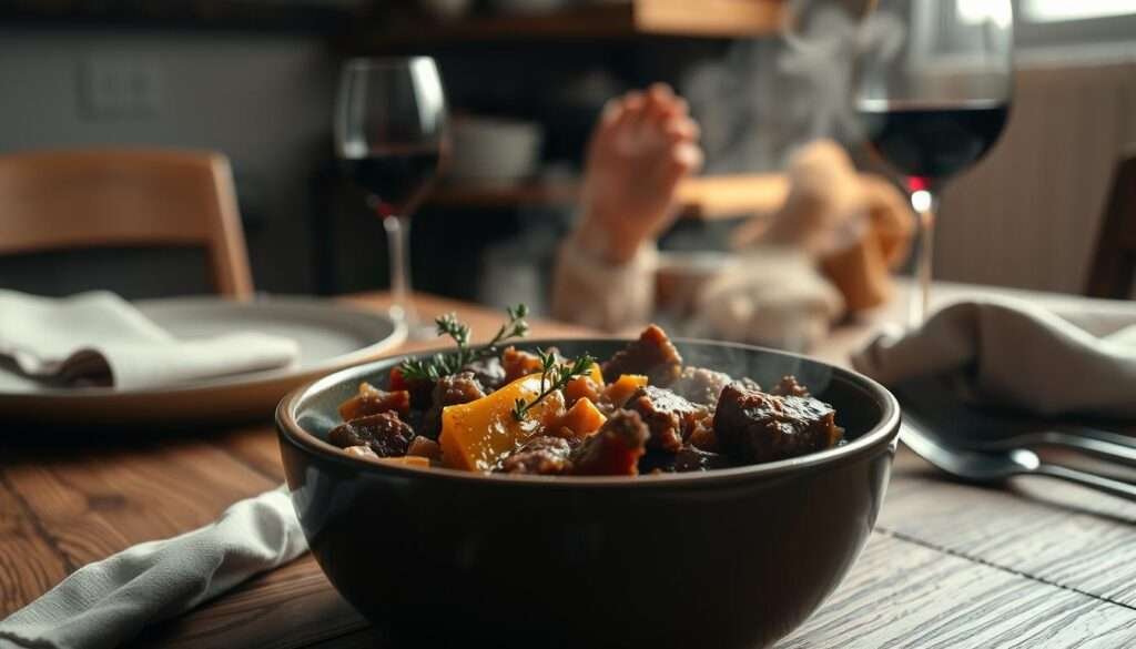 A hearty keto beef stew, simmered to perfection with tender chunks of beef, aromatic vegetables, and a rich, savory broth. In the foreground, a steaming bowl of the stew, garnished with a sprig of fresh thyme, beckons the viewer. In the middle ground, a table setting with a rustic wood grain, complemented by a linen napkin and a glass of red wine, creates an inviting atmosphere. The background is softly blurred, hinting at a cozy, dimly lit kitchen, where the aroma of the stew fills the air. Warm, muted lighting casts a comforting glow, conveying the satisfying and nourishing nature of this keto-friendly dish.