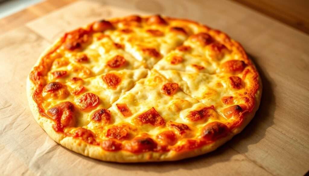 A low-carb fathead pizza crust, freshly baked with a golden-brown, slightly crispy surface. The crust has a soft, airy interior that holds the weight of the toppings without crumbling. Captured in natural light, the crust appears invitingly savory, with a subtle glistening from the healthy fats used in its preparation. The perspective is slightly elevated, showcasing the appealing texture and structure of the crust, ready to be adorned with your favorite keto-friendly toppings. The scene exudes a homey, comforting atmosphere, enticing the viewer to imagine the delicious, low-carb pizza that can be crafted with this versatile, keto-friendly crust.