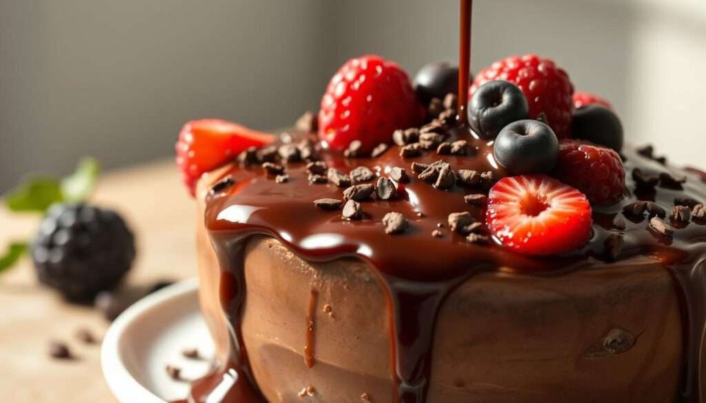 A luscious plant-based chocolate dessert, drizzled with a rich, glossy sauce and adorned with a scattering of fresh berries. The creamy, indulgent texture is achieved through the use of high-quality dairy-free ingredients, creating a vegan treat that is every bit as satisfying as the original. A delicate sprinkling of cacao nibs adds a subtle crunch, complementing the smooth, velvety base. Soft, diffused lighting casts a warm, inviting glow, drawing the viewer in to experience the decadence of this healthier, compassionate alternative to a classic indulgence.