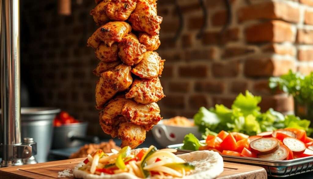 A marinated chicken shawarma sizzling on a vertical rotisserie, its golden-brown surface glistening under warm, natural lighting. In the foreground, thin slices of the juicy, spice-infused meat fall onto a wooden cutting board, ready to be wrapped in soft, pillowy pita bread. The middle ground reveals a tray of vibrant vegetables - diced tomatoes, crisp lettuce, and tangy pickled turnips - waiting to be added as fresh toppings. In the background, a backdrop of rustic brick walls and hanging metal hooks evokes the atmosphere of an authentic Middle Eastern eatery, setting the stage for this mouthwatering culinary display.