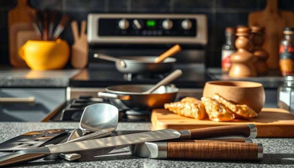 A meticulously arranged collection of essential cooking tools and appliances, bathed in soft, natural lighting and captured with a crisp, photographic lens. In the foreground, a gleaming set of chef's knives, spatulas, and tongs, their polished surfaces reflecting the warm glow of the scene. In the middle ground, a modern electric stove, its sleek controls and burners complemented by a sturdy cast-iron skillet and a selection of cooking utensils. In the background, a wooden cutting board, a mortar and pestle, and a collection of spice jars, hinting at the flavorful dishes that can be created with these well-crafted implements. The overall atmosphere is one of culinary precision and inviting comfort, setting the stage for an effortless preparation of the classic Chicken Adobo.