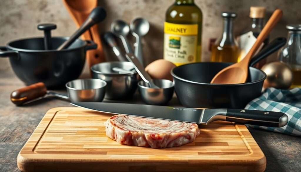 A meticulously arranged still life of essential cooking tools for a Keto Pork Chops recipe, captured in warm, soft lighting. In the foreground, a cutting board, chef's knife, and a cast-iron skillet take center stage. In the middle ground, a set of stainless steel measuring cups and spoons, a garlic press, and a wooden spoon stand ready. The background features a mortar and pestle, a zester, and a bottle of olive oil, all strategically placed to create a harmonious composition. The overall mood is one of culinary preparedness and attention to detail, with a focus on the tools needed to execute the Keto Pork Chops dish with precision.