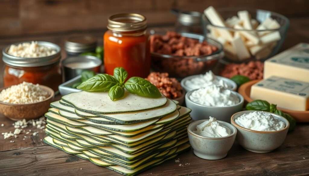 A meticulously organized arrangement of keto-friendly lasagna ingredients on a rustic wooden table. In the foreground, neatly stacked layers of zucchini or eggplant slices, mimicking traditional lasagna noodles. Surrounding them, an array of grated parmesan, creamy ricotta, a jar of tomato sauce, and fresh basil leaves. In the background, a mixing bowl filled with ground beef or Italian sausage, and a block of mozzarella cheese. Warm, natural lighting casts a cozy glow over the scene, highlighting the textures and colors of the ingredients. The overall mood is one of culinary anticipation and the promise of a delicious, keto-friendly lasagna.