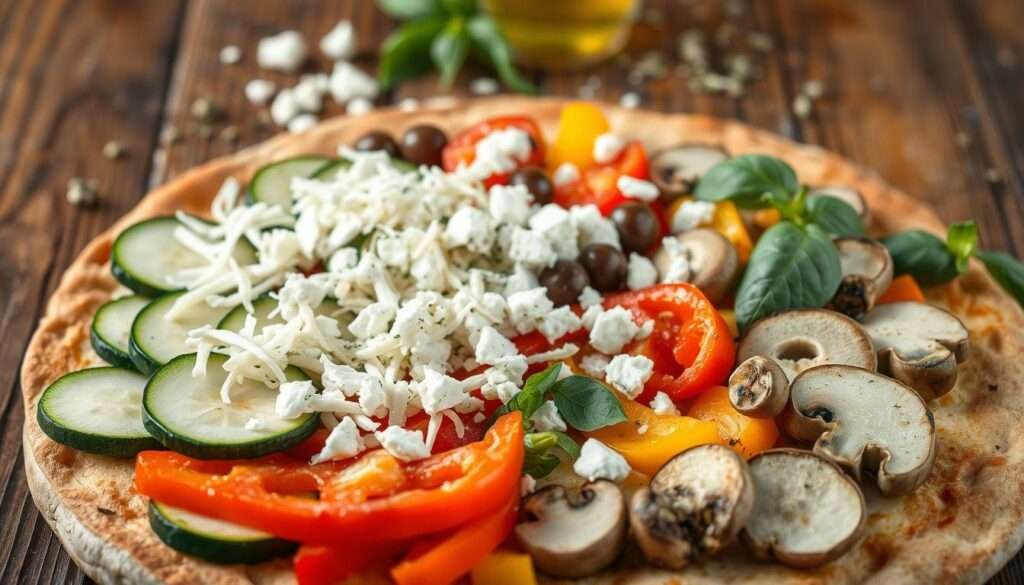 A mouth-watering arrangement of low-carb pizza toppings arranged on a rustic wooden surface. In the foreground, a selection of fresh vegetables including sliced zucchini, bell peppers, and mushrooms, arranged in an appealing pattern. In the middle ground, shredded mozzarella cheese and crumbled feta gently sprinkled over the vegetables, creating a harmonious blend of flavors. In the background, a scattering of aromatic herbs such as basil and oregano, and a drizzle of olive oil, completing the scene with a touch of culinary elegance. The lighting is soft and natural, highlighting the vibrant colors and textures of the ingredients, evoking a sense of healthy, flavorful indulgence.