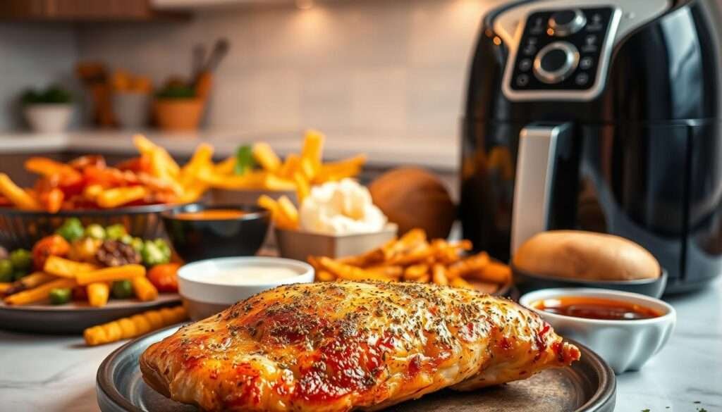 A mouthwatering display of air fryer-prepared dishes, bathed in warm, inviting lighting. In the foreground, a well-seasoned chicken breast sizzles, its golden-brown exterior glistening. Surrounding it, an array of crispy fries, roasted vegetables, and a fluffy baked potato, all cooked to perfection. In the middle ground, a variety of sauces and dips in complementary hues add depth and flavor. The background features a clean, minimalist kitchen counter, with a state-of-the-art air fryer prominently displayed, beckoning the viewer to try these delectable recipes. The overall scene exudes a sense of culinary mastery and the joy of simple, yet delicious, home-cooked meals. A mouthwatering display of air fryer-prepared dishes, bathed in warm, inviting lighting. In the foreground, a well-seasoned chicken breast sizzles, its golden-brown exterior glistening. Surrounding it, an array of crispy fries, roasted vegetables, and a fluffy baked potato, all cooked to perfection. In the middle ground, a variety of sauces and dips in complementary hues add depth and flavor. The background features a clean, minimalist kitchen counter, with a state-of-the-art air fryer prominently displayed, beckoning the viewer to try these delectable recipes. The overall scene exudes a sense of culinary mastery and the joy of simple, yet delicious, home-cooked meals.