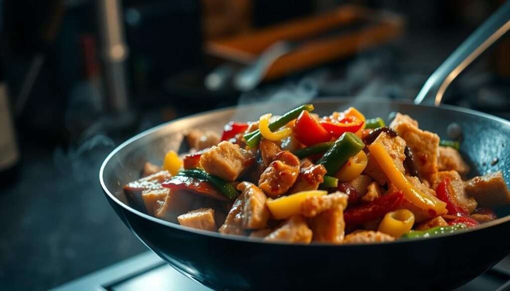 A mouthwatering ground turkey teriyaki stir fry sizzling in a wok, with tender turkey, vibrant vegetables, and a glistening teriyaki sauce. The dish is presented in a close-up, high-angle view, capturing the steam rising and the colors popping against a dimly lit, moody kitchen backdrop. Dramatic front lighting illuminates the dish, creating a warm, appetizing atmosphere. The focus is sharp, highlighting the textural details of the perfectly cooked turkey and crisp-tender vegetables. An inviting, homemade feel permeates the scene, encouraging the viewer to dive right in and savor the delicious flavors.
