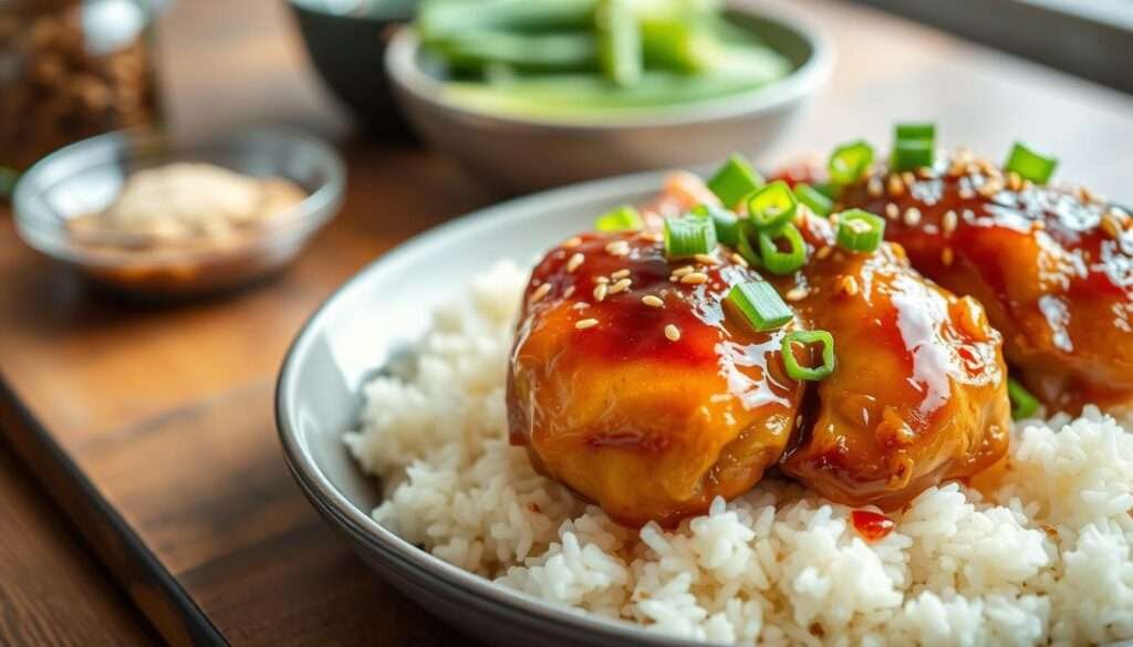 A mouthwatering honey garlic chicken dinner, the centerpiece of the table. Juicy chicken thighs glazed in a rich, caramelized honey-garlic sauce, nestled on a bed of fluffy white rice. The chicken glistens under the warm, soft lighting, its golden-brown skin teasing the senses. Vibrant green onions and toasted sesame seeds add a subtle crunch and aromatic notes, complementing the sweetness of the dish. The overall scene evokes a cozy, inviting atmosphere, capturing the essence of a heartwarming home-cooked meal.