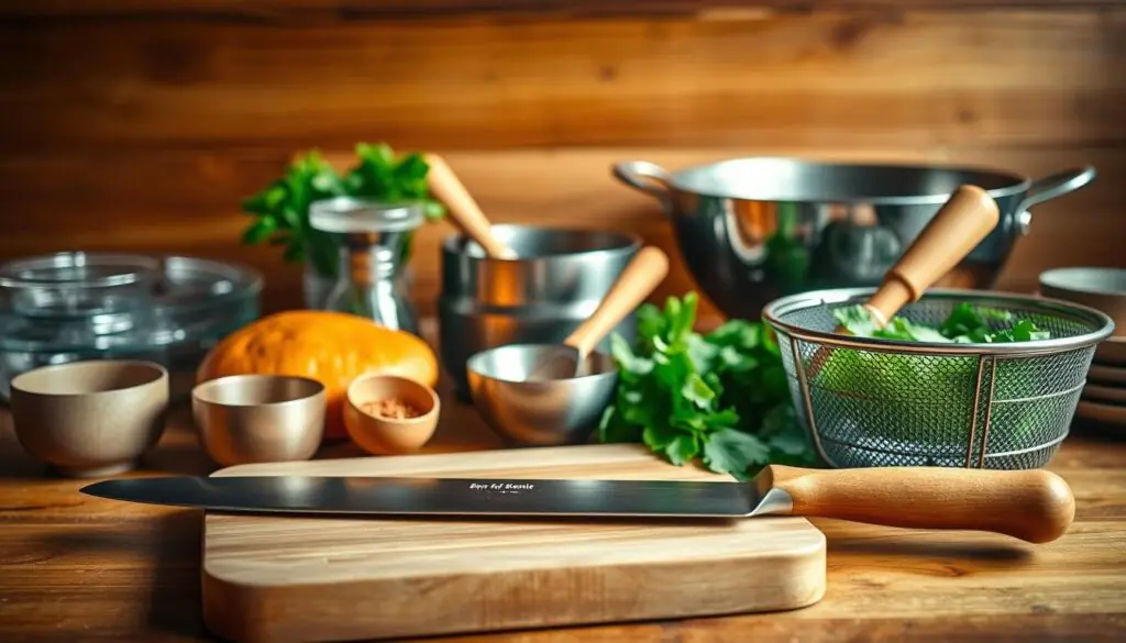 A neatly arranged assortment of essential cooking tools for preparing a delectable Vietnamese Bánh Mì sandwich. In the foreground, a freshly sharpened chef's knife, a sturdy cutting board, and a classic wooden rolling pin. In the middle ground, a set of measuring cups and spoons, a garlic press, and a mortar and pestle for grinding spices. In the background, a stainless-steel wok, a steamer basket, and a colander for rinsing fresh herbs and vegetables. Warm, natural lighting from an overhead source casts a soft glow, highlighting the utilitarian nature of these culinary essentials. The overall scene exudes a sense of culinary preparedness, inviting the viewer to imagine the mouthwatering flavors and textures of an authentic Vietnamese Bánh Mì.