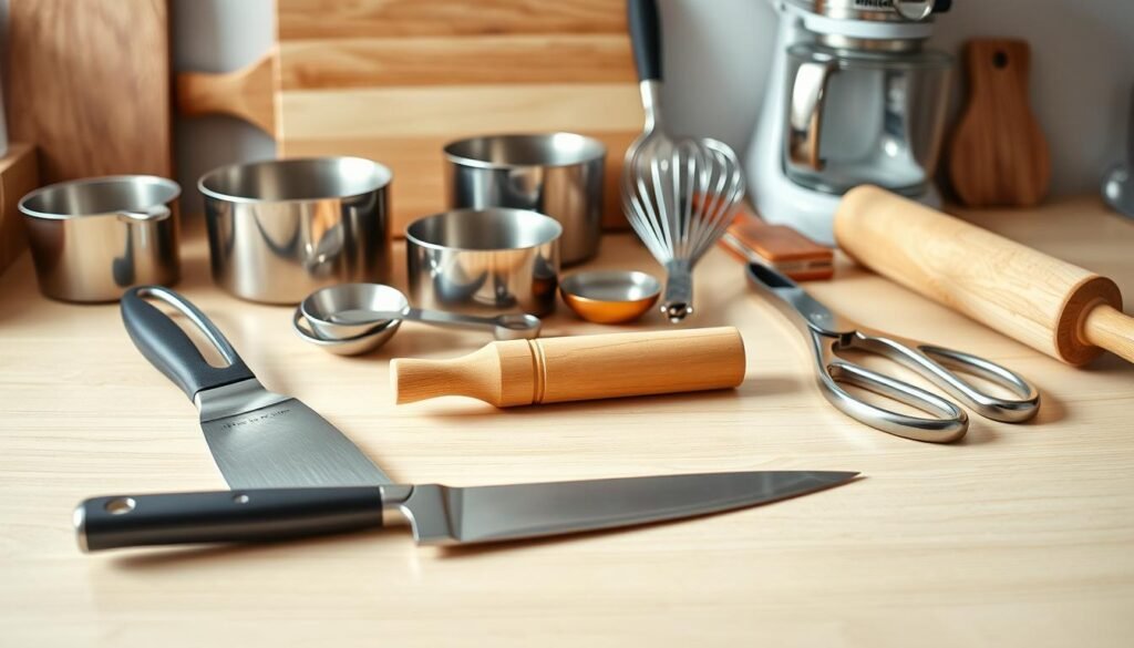 A neatly arranged assortment of essential cooking tools on a light wooden surface, illuminated by soft, diffused natural lighting. In the foreground, a stainless steel chef's knife, a silicone spatula, and a pair of sturdy kitchen shears stand out. In the middle ground, a set of measuring cups and spoons, a whisk, and a rolling pin are positioned, conveying a sense of functionality. The background features a cutting board, a sleek hand mixer, and a few other indispensable items, creating a balanced and visually appealing composition. The overall mood is one of culinary efficiency and organization, reflecting the tools required for a successful keto lasagna preparation.