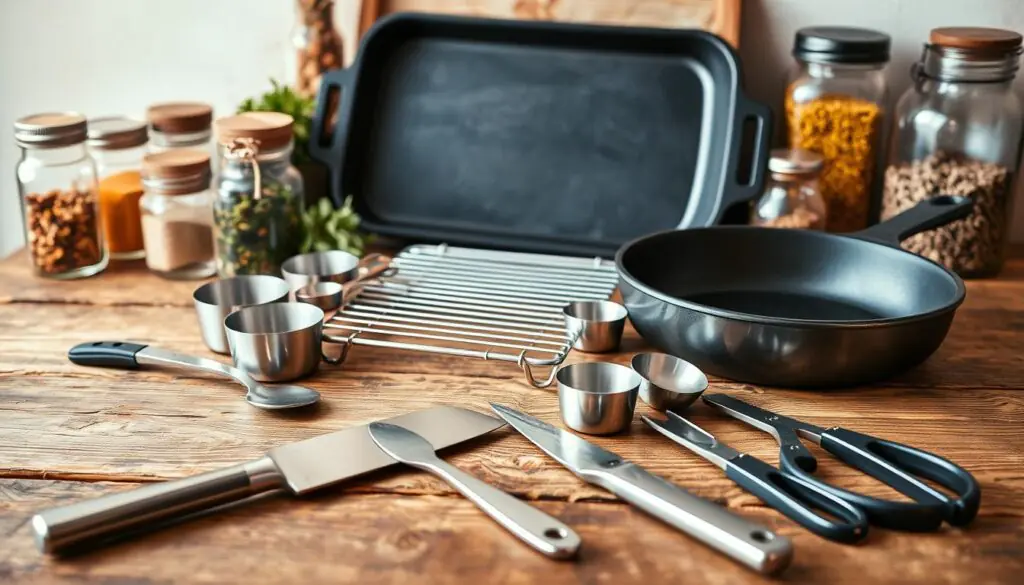 A neatly arranged assortment of essential kitchen tools sits on a rustic wooden surface, bathed in warm, natural lighting. In the foreground, a sleek stainless steel chef's knife, a sturdy spatula, and a nimble pair of kitchen shears rest alongside a selection of stainless steel measuring cups and spoons. In the middle ground, a high-quality nonstick baking sheet, a sturdy wire rack, and a classic cast-iron skillet take center stage, hinting at the culinary tasks to come. Behind them, a collection of commonly used dried herbs and spices in glass jars adds depth and a touch of earthy elegance to the scene. The overall composition exudes a sense of organized functionality and culinary preparedness, perfectly suited to illustrate the tools needed for the air-fryer taquitos recipe.