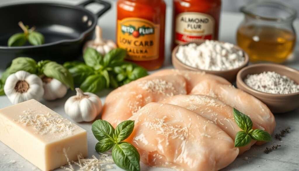 A neatly arranged display of key ingredients for keto chicken parmesan, captured in soft, natural lighting. In the foreground, freshly grated parmesan cheese, sliced chicken breasts, and a jar of low-carb marinara sauce. In the middle ground, garlic cloves, fresh basil leaves, and a bowl of almond flour. In the background, a cast-iron skillet, olive oil, and a sprinkle of dried oregano. The overall composition conveys the essential, high-quality elements required to prepare this keto-friendly take on the classic chicken parmesan dish.
