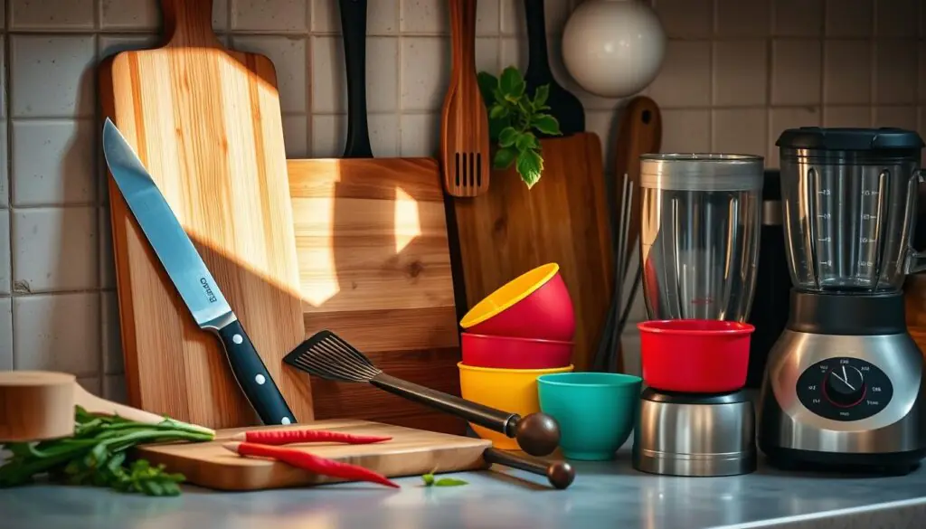 A neatly arranged kitchen countertop showcases an assortment of essential tools: a sharp chef's knife, a sturdy cutting board, a heavy-duty wok, a high-quality spatula, a set of colorful measuring cups, and a sleek blender, all bathed in warm, natural lighting. The tools are carefully positioned to create a harmonious, functional composition, hinting at the mouthwatering flavors and textures to be explored in the recipe. A subtle, rustic atmosphere pervades the scene, evoking the comforting aroma of fresh, spicy ingredients. A neatly arranged kitchen countertop showcases an assortment of essential tools: a sharp chef's knife, a sturdy cutting board, a heavy-duty wok, a high-quality spatula, a set of colorful measuring cups, and a sleek blender, all bathed in warm, natural lighting. The tools are carefully positioned to create a harmonious, functional composition, hinting at the mouthwatering flavors and textures to be explored in the recipe. A subtle, rustic atmosphere pervades the scene, evoking the comforting aroma of fresh, spicy ingredients.