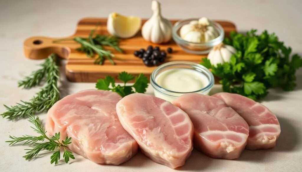 A neatly arranged still life capturing the essential ingredients for a delectable Keto Pork Chops with Garlicky Cream Sauce. In the foreground, juicy pork chops sit alongside a selection of fresh herbs - rosemary, thyme, and parsley. Behind them, a small glass dish holds a creamy garlic sauce, its rich, velvety texture evident. In the middle ground, a wooden cutting board showcases sliced garlic, heavy cream, and freshly cracked black peppercorns. The background features a neutral, light-colored surface, allowing the vibrant colors of the ingredients to take center stage. Soft, natural lighting casts gentle shadows, accentuating the texture and depth of the scene. The overall composition is balanced, inviting the viewer to imagine the delicious aromas and flavors of the forthcoming dish.