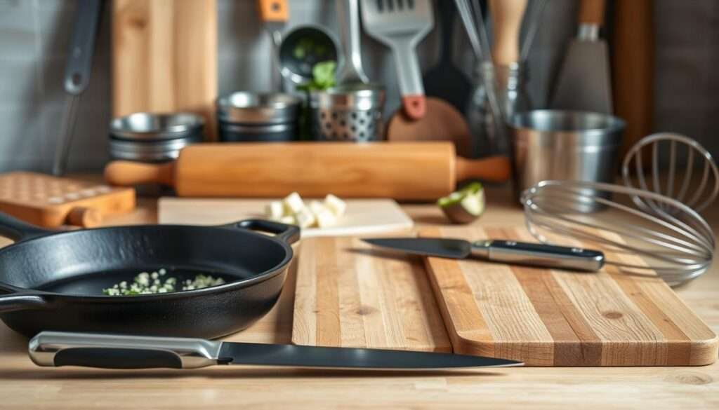 A neatly arranged still life of kitchen tools and utensils for making quesadillas. In the foreground, a cast iron skillet, a sharp knife, and a wooden cutting board take center stage. In the middle ground, a rolling pin, a pair of sturdy tongs, and a set of measuring cups and spoons. In the background, a large spatula, a handheld grater, and a sturdy wire whisk add depth and functionality. Soft, natural lighting illuminates the scene, highlighting the warm tones of the wood and metal. The overall composition conveys a sense of efficiency and preparedness for the task at hand - crafting delicious spinach and feta quesadillas. A neatly arranged still life of kitchen tools and utensils for making quesadillas. In the foreground, a cast iron skillet, a sharp knife, and a wooden cutting board take center stage. In the middle ground, a rolling pin, a pair of sturdy tongs, and a set of measuring cups and spoons. In the background, a large spatula, a handheld grater, and a sturdy wire whisk add depth and functionality. Soft, natural lighting illuminates the scene, highlighting the warm tones of the wood and metal. The overall composition conveys a sense of efficiency and preparedness for the task at hand - crafting delicious spinach and feta quesadillas.