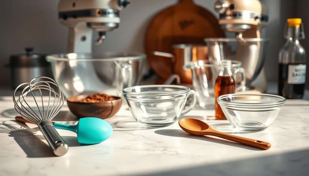 A neatly arranged still life of kitchen tools essential for crafting delectable vegan chocolate espresso caramel bars. In the foreground, a marble countertop holds a variety of baking implements - a metal whisk, silicone spatula, and wooden spoon. In the middle ground, an array of glass mixing bowls and measuring cups cast soft shadows. The background features a vintage-styled stand mixer, a copper saucepan, and a glass bottle of vanilla extract, all bathed in warm, directional lighting. The mood is one of carefully curated culinary preparation, inviting the viewer to imagine the mouthwatering dessert soon to be created with these thoughtfully selected tools.