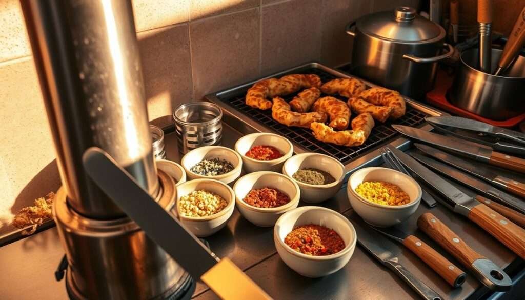 A neatly organized array of essential cooking tools for shawarma preparation, illuminated by warm, natural lighting that casts soft shadows. In the foreground, a vertical rotisserie spit, its metal surface gleaming, accompanied by a sharp carving knife for slicing the roasted meat. In the middle ground, a mix of traditional spices and seasonings in small bowls, their vibrant colors contrasting against the neutral tones of the ceramic and wood. In the background, a sturdy metal grill, a pita bread warmer, and a collection of sharpened knives, spatulas, and tongs, all poised and ready for the culinary task at hand. The overall composition conveys a sense of efficiency, attention to detail, and the traditional craftsmanship inherent in the preparation of authentic chicken shawarma.