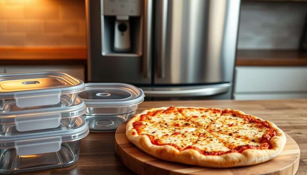 A neatly organized kitchen counter, with a freshly baked keto pizza placed atop a wooden cutting board. The pizza's golden crust and melted cheese appear appetizing under the warm, soft lighting. In the foreground, transparent food storage containers are arranged, ready to contain the leftover slices. The scene conveys a sense of efficiency and meal-planning, capturing the essence of storing and preserving a delicious low-carb pizza for future enjoyment. A stainless steel refrigerator stands in the background, hinting at the proper storage conditions to maintain the pizza's texture and flavor.