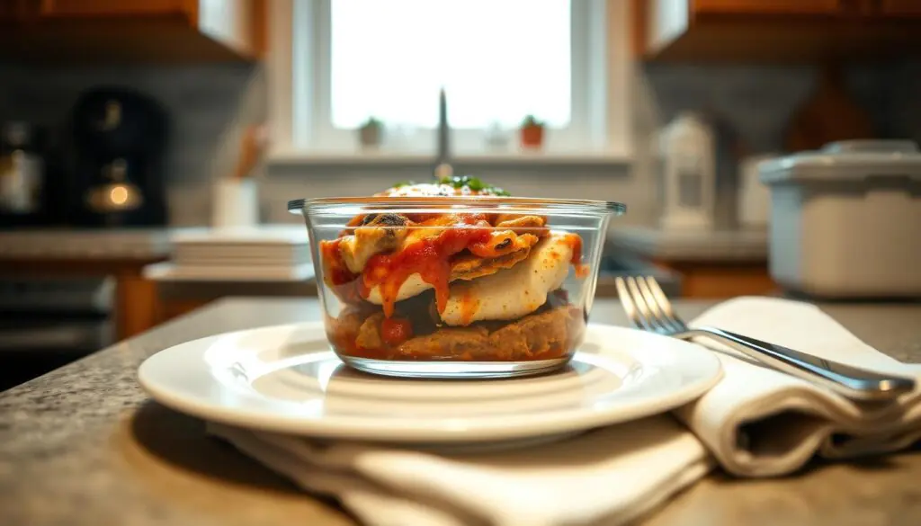 A neatly organized kitchen counter with a glass container filled with leftover baked chicken parmesan, accompanied by a plate, fork, and napkin. The lighting is soft and diffused, creating a warm, inviting atmosphere. In the background, a subtly blurred window allows natural light to filter in, enhancing the cozy, homey feel. The camera angle is slightly elevated, providing a clear view of the arrangement and conveying a sense of care and attention to detail in the food storage and reheating process.