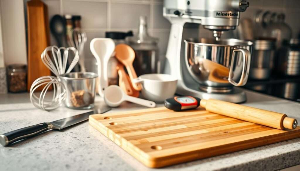 A neatly organized kitchen counter with an assortment of essential cooking tools. In the foreground, a sharp chef's knife, a sturdy cutting board, and a stainless steel whisk. In the middle, a set of measuring cups and spoons, a silicone spatula, and a trusty meat thermometer. In the background, a gleaming stand mixer, a rolling pin, and a variety of spice jars. The lighting is warm and natural, casting a soft glow over the scene. The overall atmosphere is one of efficiency and culinary preparedness, setting the stage for a delicious Keto meatloaf creation.