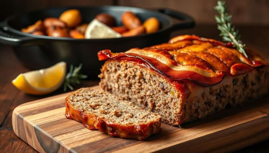 A perfectly golden-brown keto meatloaf, topped with crispy bacon slices, rests on a rustic wooden cutting board. The meatloaf's cross-section reveals tender, juicy layers of ground beef, pork, and savory spices. In the background, a vintage cast-iron skillet filled with roasted vegetables, a wedge of lemon, and a sprig of fresh thyme set the scene. Warm, directional lighting casts a cozy glow, emphasizing the hearty textures and mouthwatering details. The overall atmosphere is inviting and appetizing, capturing the essence of a delicious, low-carb home-cooked meal.