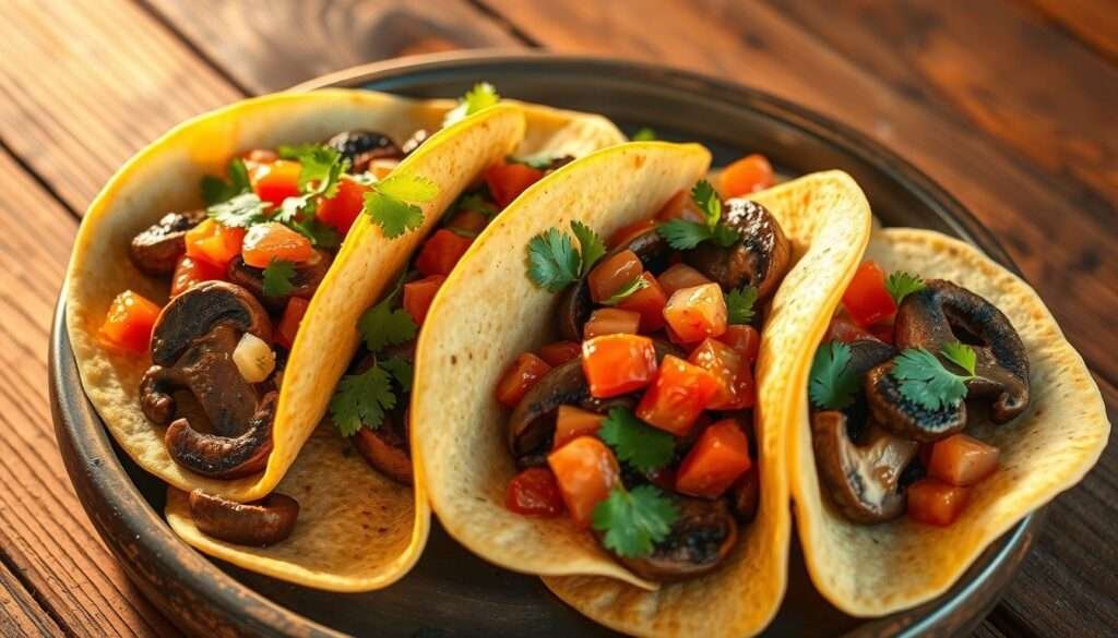 A platter of fresh, soft corn tortillas rests on a rustic wooden table, topped with sautéed portobello mushroom slices, diced tomatoes, and a scattering of vibrant green cilantro leaves. The lighting is warm and inviting, casting a golden glow over the scene, captured at a slight angle to showcase the rich textures and colors of the ingredients. The composition is balanced and appetizing, inviting the viewer to imagine the flavors and aromas of this delectable vegan taco filling.