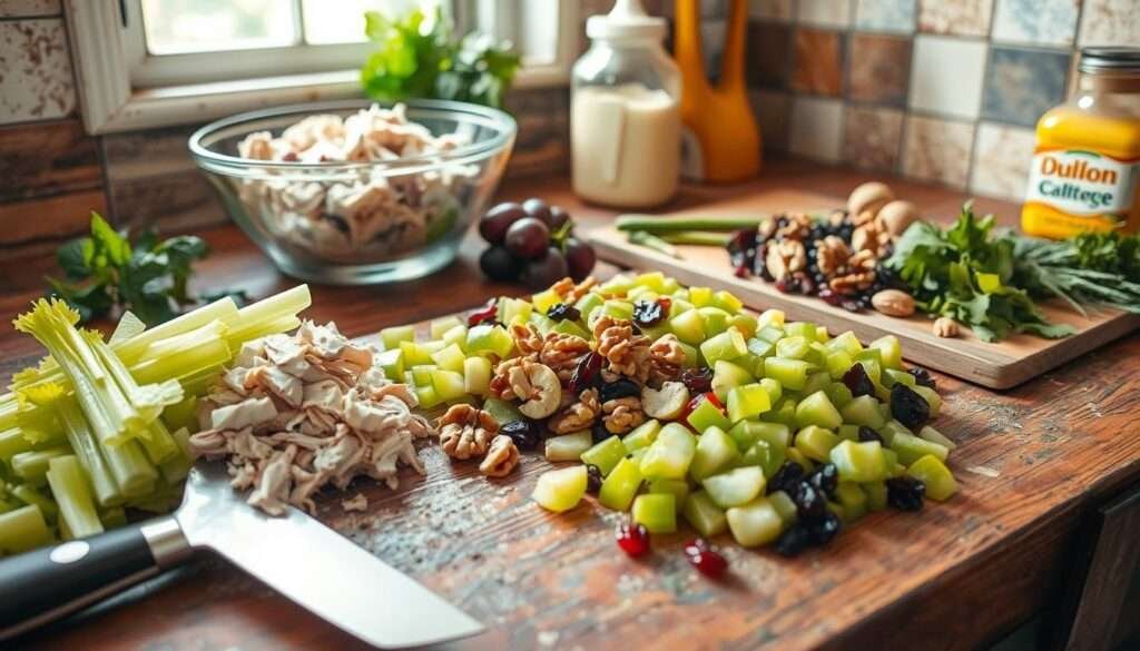 A rustic kitchen counter, its surface a mosaic of chopped vegetables, fresh herbs, and a mixing bowl filled with shredded chicken. Sunlight streams through a nearby window, casting a warm glow over the scene. In the foreground, a sharp chef's knife rests beside a pile of crisp celery stalks, ready to be diced and added to the salad. The middle ground features a cutting board piled high with juicy grapes, halved walnuts, and a scattering of dried cranberries, all awaiting their incorporation. In the background, a jar of mayonnaise and a squeeze bottle of mustard stand ready to lend their tangy flavors to the dish. The overall atmosphere is one of fresh, homemade comfort, inviting the viewer to step into the kitchen and create their own delectable chicken salad.