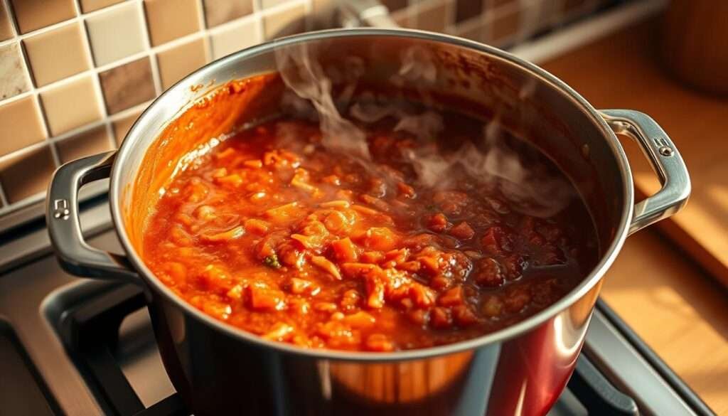 A simmering pot of thick, rich bolognese sauce simmers on a stove top, steam rising in wispy tendrils. The sauce, a deep burgundy hue, bubbles and simmers gently, the aroma of garlic, herbs, and tomatoes filling the air. Shreds of carrot, celery, and onion add texture and depth to the sauce, which clings to the edges of the pot. Warm, golden light bathes the scene, casting a cozy, inviting atmosphere. The pot is situated on a sleek, modern stove, with a tiled backsplash and stainless steel accents providing a clean, contemporary backdrop. The overall impression is one of a delicious, homemade meal in the making, perfect for illustrating the step-by-step cooking instructions for a vegan bolognese recipe.