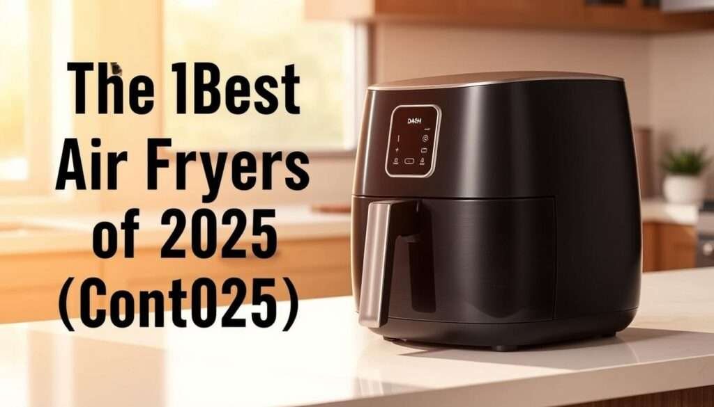 A sleek, high-quality Dash 2-Quart Air Fryer sits prominently on a modern, minimalist kitchen counter, bathed in warm, natural lighting. The matte black exterior gleams, complemented by the brushed stainless steel accents. The air fryer's compact, cylindrical design and digital control panel are clearly visible, showcasing its user-friendly features. The scene conveys a sense of efficiency, convenience, and culinary innovation, perfectly suited for the "The 10 Best Air Fryers of 2025 (Continued)" section.