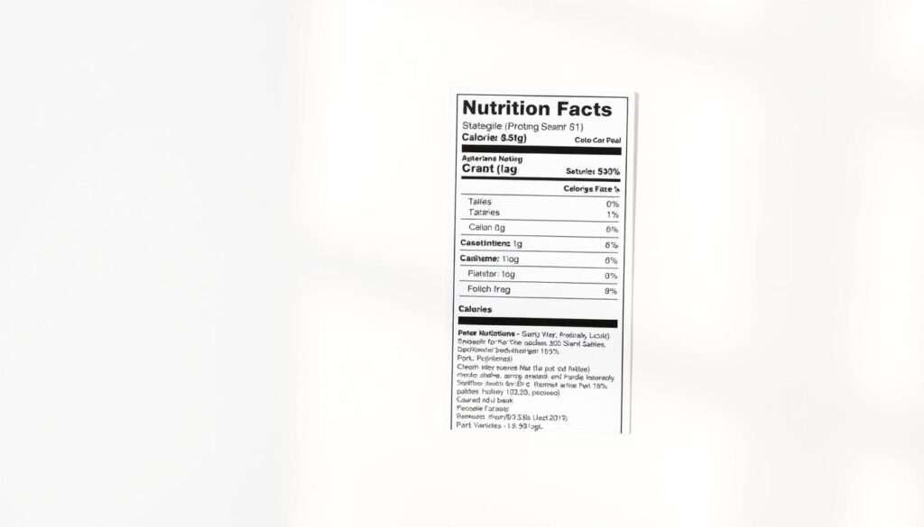 A sleek, modern nutrition label presented against a minimalistic white background, with a soft yet evenly-distributed natural lighting that casts a subtle, warm glow. The label's layout is clean and legible, featuring key nutritional information such as calories, macronutrients, and micronutrients in a clear, easy-to-read format. The overall composition conveys a sense of professionalism and attention to detail, perfectly suited to accompany a recipe for Keto Pork Chops with Garlicky Cream Sauce.