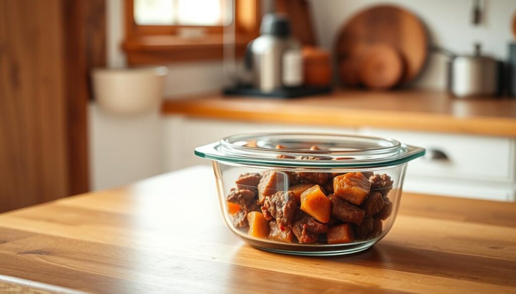 A sleek, tempered glass food storage container with a tightly-fitting, airtight lid sits on a wooden kitchen counter, bathed in warm, natural lighting. The container's simple, minimalist design effortlessly complements the rustic, farmhouse-inspired surroundings. The smooth, reflective surface of the glass allows a glimpse of the rich, savory beef stew within, its deep, hearty hues hinting at the delicious meal to come. The overall scene conveys a sense of homely comfort and practical storage solutions for enjoying a well-crafted, nourishing stew.