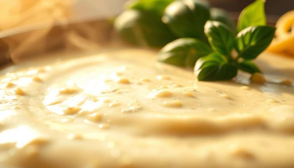 A steaming, creamy alfredo sauce glistens in the foreground, the rich, velvety texture captured in exquisite detail. Parmesan cheese flecks the surface, lending a subtle nutty aroma. In the middle ground, fresh basil leaves flutter, their vibrant green hues contrasting beautifully. Warm, golden lighting bathes the scene, creating a cozy, inviting atmosphere. The sauce appears to have been freshly prepared, its temperature still rising, as if waiting to be tossed with perfectly al dente pasta. The depth of field is shallow, drawing the viewer's attention to the captivating sauce, while the background remains slightly blurred, allowing the main subject to shine.