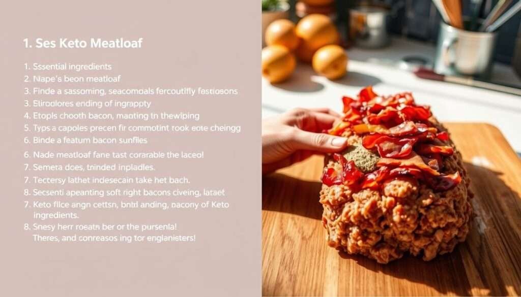A step-by-step cooking guide for a delectable Keto meatloaf, topped with crispy bacon. In the foreground, a clear set of numbered instructions with concise steps and essential ingredients. The middle ground showcases the meatloaf being assembled, with hands carefully mixing the ground meat, seasonings, and binding ingredients. In the background, a clean, well-lit kitchen counter with cooking tools and utensils. Warm, natural lighting casts soft shadows, creating a welcoming and appetizing atmosphere. The overall composition guides the viewer through the recipe's preparation, inviting them to recreate this mouth-watering Keto-friendly dish.