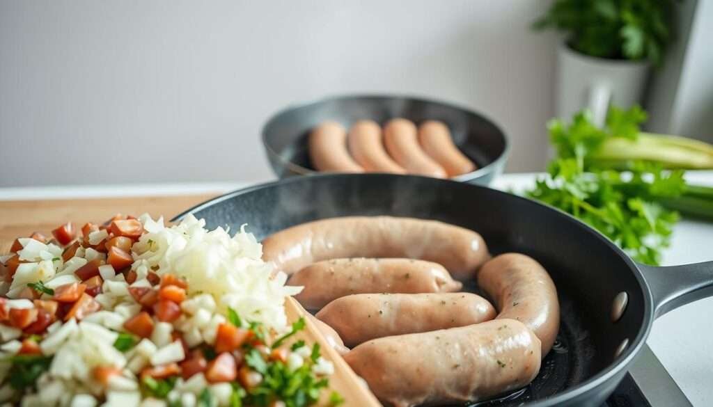 A step-by-step cooking process for preparing chicken sausage. Clear, well-lit photography shot from overhead with a 50mm lens. The foreground showcases chopped ingredients like onions, garlic, and herbs. The middle ground features a sizzling pan with sausage links, with steam rising. The background has a clean, minimalist kitchen environment with muted tones. The scene conveys a sense of organized, methodical food preparation with an appetizing atmosphere.