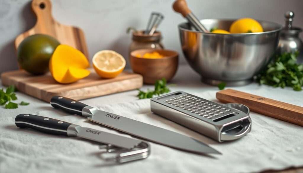 A still life arrangement of kitchen tools and utensils essential for preparing "Jackfruit Tacos with Fresh Mango Salsa". The foreground features a chef's knife, peeler, and vegetable grater arranged on a linen cloth. In the middle ground, a wooden cutting board and mortar and pestle stand ready. The background shows a stainless steel mixing bowl, a citrus juicer, and a handful of fresh herbs. The lighting is soft and diffused, creating a warm, inviting atmosphere. The composition is carefully balanced, showcasing the tools in an artful, visually appealing manner.