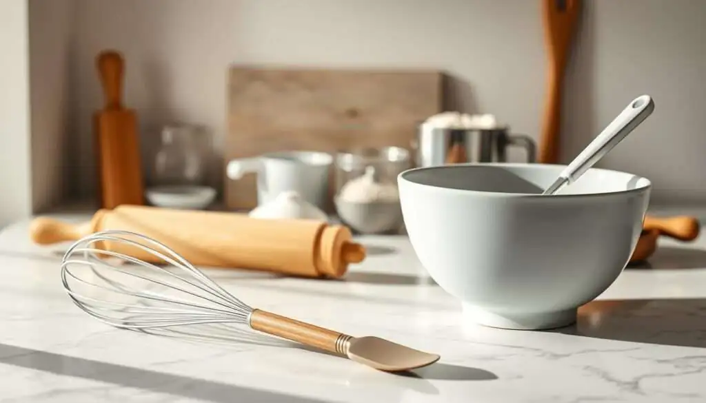 A still life scene of essential baking tools for making vegan magic cookie bars. In the foreground, a mixing bowl, whisk, and spatula are neatly arranged on a marble countertop, casting soft shadows. In the middle ground, a rolling pin, measuring cups, and a flour sifter are visible, hinting at the preparation process. The background features a neutral, softly lit environment, allowing the tools to take center stage. The overall composition conveys a sense of culinary organization and efficiency, perfectly suited for the task at hand. Warm lighting from above casts a gentle glow, creating a cozy, inviting atmosphere.