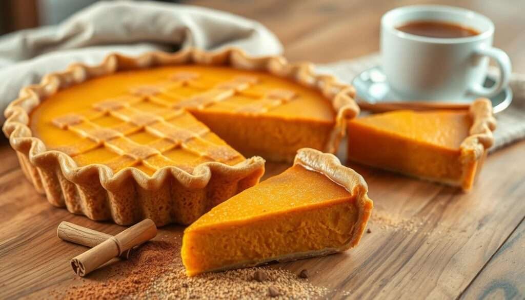 A sumptuous vegan pumpkin pie rests on a wooden table, its golden-brown crust glistening in the soft, warm lighting. The pie's surface is adorned with a delicate lattice pattern, hinting at the rich, creamy filling within. In the foreground, freshly ground cinnamon and nutmeg are sprinkled artfully around the pie, their earthy aromas wafting through the air. The middle ground features a few slices of the pie, their vibrant orange hues contrasting beautifully with the deep, earthy tones of the crust. In the background, a rustic linen napkin and a cup of steaming spiced cider set the cozy, autumnal mood, inviting the viewer to indulge in this comforting, plant-based delight.