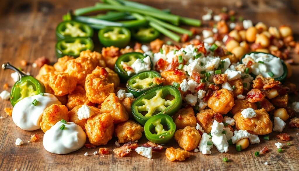 A tantalizing array of savory jalapeño popper-inspired toppings arranged artfully on a rustic wooden surface, bathed in warm, natural lighting. In the foreground, bite-sized pieces of crispy, golden-brown chicken nestle alongside creamy dollops of cool sour cream and tangy crumbled feta. Mid-frame, halved jalapeño peppers, some charred, others fresh, provide pops of verdant color and fiery contrast. In the background, a scatter of crisp bacon bits, toasted breadcrumbs, and fresh chopped chives add textural intrigue and herbaceous notes. An inviting, appetizing scene that beckons the viewer to dig in and experience the full flavor profile of this one-pot wonder.