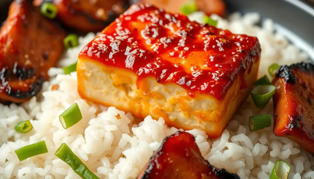 A tantalizing close-up of a perfectly seared block of tofu, its surface blistered and glistening with a vibrant red-orange glaze. The tofu is nestled atop a bed of freshly steamed white rice, the grains perfectly separated. Surrounding the tofu are slices of tender, caramelized char siu pork, their edges charred and lending a smoky aroma. Scattered throughout the scene are julienned green onions, their bright hues adding a pop of freshness. The lighting is soft and natural, highlighting the textural contrast between the silky tofu, the succulent pork, and the fluffy rice. The overall mood is one of mouthwatering anticipation, inviting the viewer to dive into this flavorful, spicy, and comforting dish. A tantalizing close-up of a perfectly seared block of tofu, its surface blistered and glistening with a vibrant red-orange glaze. The tofu is nestled atop a bed of freshly steamed white rice, the grains perfectly separated. Surrounding the tofu are slices of tender, caramelized char siu pork, their edges charred and lending a smoky aroma. Scattered throughout the scene are julienned green onions, their bright hues adding a pop of freshness. The lighting is soft and natural, highlighting the textural contrast between the silky tofu, the succulent pork, and the fluffy rice. The overall mood is one of mouthwatering anticipation, inviting the viewer to dive into this flavorful, spicy, and comforting dish.