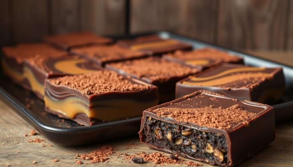 A tray of vegan chocolate espresso caramel bars, beautifully arranged against a rustic wooden background. The bars have a rich, dark chocolate exterior with swirls of golden caramel peeking through. The top is dusted with a fine layer of cocoa powder, creating a mouthwatering contrast. Soft ambient lighting casts a warm glow, highlighting the smooth, glossy surface of the bars. In the foreground, a single bar is sliced in half, revealing the dense, fudgy interior flecked with espresso grounds. The overall scene evokes a sense of indulgence and artisanal craftsmanship, perfectly capturing the essence of these irresistible vegan treats.