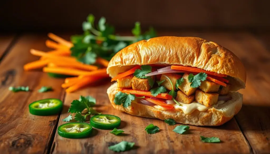 A vibrant and authentic vegan Vietnamese Bánh Mì sandwich, showcased in a warm, natural light. In the foreground, a crusty, golden-brown baguette is split open, revealing a filling of marinated tofu, pickled carrots and daikon, fresh cilantro, and a creamy vegan mayonnaise. The middle ground features a selection of the sandwich's key ingredients, artfully arranged, including sliced cucumbers, jalapeños, and fresh herbs. The background depicts a simple, rustic wooden table, with a subtle texture and warm, earthy tones that complement the dish. The overall composition evokes the flavors and aromas of a traditional Vietnamese street food, capturing the essence of this delicious and wholesome vegan take on the classic Bánh Mì.