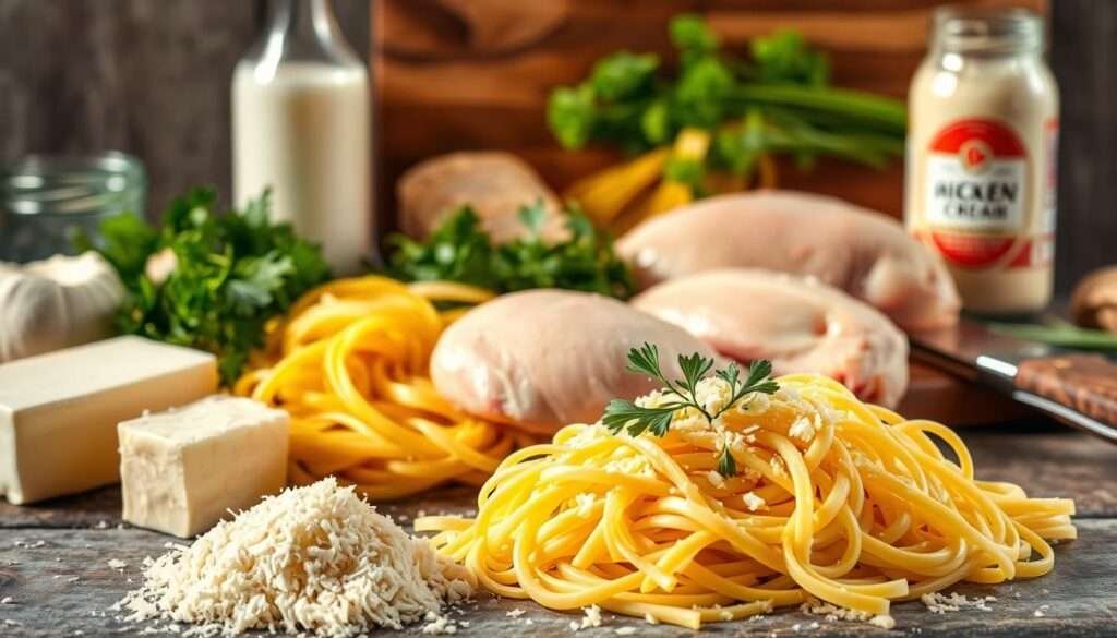 A vibrant arrangement of ingredients for the perfect chicken alfredo dish. In the foreground, a pile of freshly grated parmesan cheese and a knob of creamy butter. In the middle, a selection of al dente fettuccine noodles, a juicy rotisserie chicken breast, and a selection of fresh herbs like parsley and chives. In the background, a bottle of rich, heavy cream and a jar of minced garlic, along with a wooden cutting board and a sharp chef's knife. Soft, natural lighting illuminates the scene, casting gentle shadows and highlights the textures of the ingredients. The overall mood is one of rustic, Italian-inspired elegance, perfectly suited for a delicious and satisfying chicken alfredo dish.