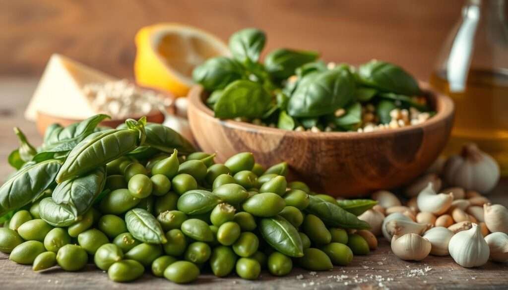 A vibrant still life composition of the key ingredients for a delectable Edamame Pesto Pasta dish. In the foreground, a pile of fresh, bright green edamame pods sits alongside an abundance of fresh basil leaves, pine nuts, and garlic cloves. The middle ground features a rustic wooden bowl filled with grated Parmesan cheese, and in the background, a wedge of lemon and a drizzle of olive oil complete the scene. Warm, natural lighting casts a soft, inviting glow across the arrangement, emphasizing the vibrant colors and textures of the ingredients. The overall mood is one of simplicity, freshness, and the promise of a flavorful, homemade pasta dish.