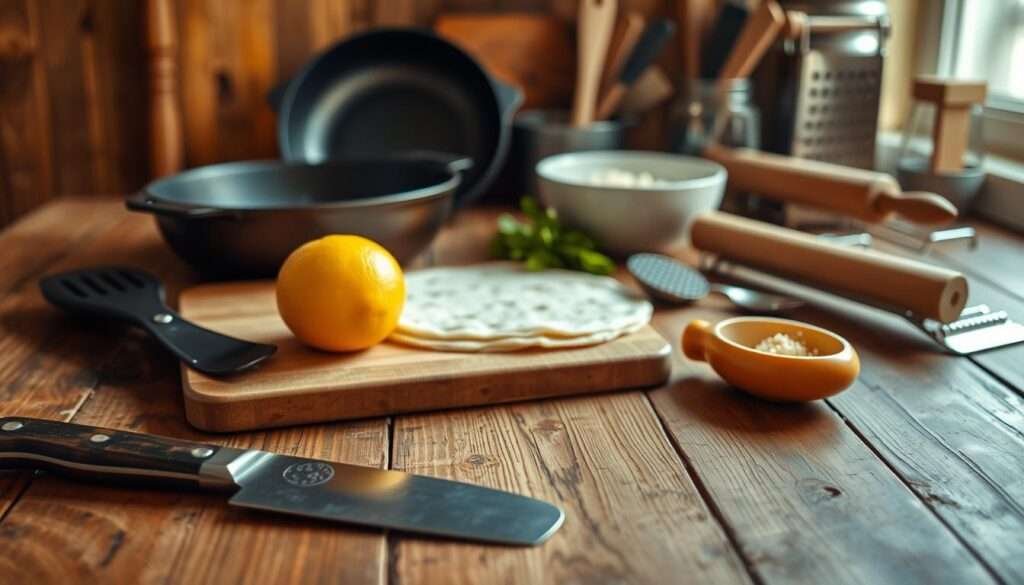 A well-lit, close-up shot of a rustic wooden table showcasing essential kitchen tools for making quesadillas. In the foreground, a sharp chef's knife, a sturdy cutting board, and a citrus juicer. In the middle ground, a cast-iron skillet, a large spatula, and a mixing bowl. In the background, a rolling pin, a set of measuring cups and spoons, and a cheese grater. The lighting is warm and natural, casting a soft glow on the scene. The overall mood is one of simplicity, practicality, and the joy of home-cooked Mexican cuisine. A well-lit, close-up shot of a rustic wooden table showcasing essential kitchen tools for making quesadillas. In the foreground, a sharp chef's knife, a sturdy cutting board, and a citrus juicer. In the middle ground, a cast-iron skillet, a large spatula, and a mixing bowl. In the background, a rolling pin, a set of measuring cups and spoons, and a cheese grater. The lighting is warm and natural, casting a soft glow on the scene. The overall mood is one of simplicity, practicality, and the joy of home-cooked Mexican cuisine.