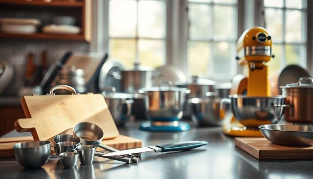 A well-lit kitchen counter, adorned with an assortment of cooking tools and appliances. In the foreground, a set of stainless steel measuring cups and spoons, neatly arranged. Beside them, a sturdy chef's knife and a classic wooden cutting board. In the middle ground, a sleek stand mixer in a vibrant color, its powerful whisk attachment ready to whip up culinary masterpieces. In the background, a row of essential cookware - pots, pans, and baking sheets - gleaming under the warm, natural light filtering in through large windows. The scene exudes a sense of organization, functionality, and the joy of home-cooked meals.