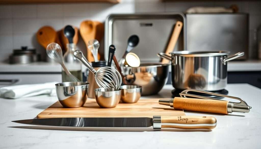 A well-lit kitchen counter displaying an assortment of essential cooking tools. In the foreground, a sharp chef's knife, a sturdy cutting board, and a stainless steel mixing bowl. In the middle ground, a set of measuring cups and spoons, a whisk, and a rolling pin. In the background, a high-quality saucepan, a baking sheet, and a set of tongs. The lighting is bright and natural, creating a clean, professional atmosphere. The tools are arranged in an organized, visually appealing manner, reflecting the thoughtful preparation required for the perfect Baked Chicken Parmesan.