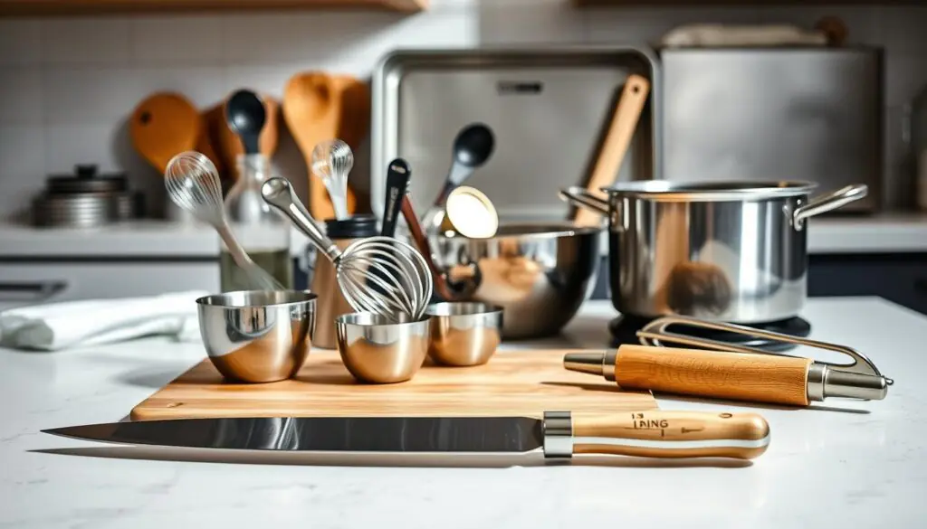 A well-lit kitchen counter displaying an assortment of essential cooking tools. In the foreground, a sharp chef's knife, a sturdy cutting board, and a stainless steel mixing bowl. In the middle ground, a set of measuring cups and spoons, a whisk, and a rolling pin. In the background, a high-quality saucepan, a baking sheet, and a set of tongs. The lighting is bright and natural, creating a clean, professional atmosphere. The tools are arranged in an organized, visually appealing manner, reflecting the thoughtful preparation required for the perfect Baked Chicken Parmesan.